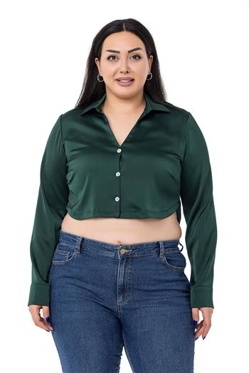 Büyük Beden Saten Manşetli Zümrüt Crop Gömlek