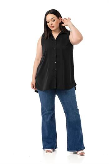 Büyük Beden Sırtta Plikaşe Detaylı Kolsuz Siyah Gömlek