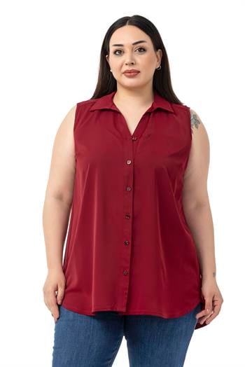 Büyük Beden Sırtta Plikaşe Detaylı Kolsuz Bordo Gömlek