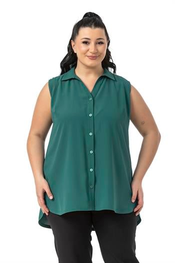 Büyük Beden Sırtta Plikaşe Detaylı Kolsuz Zümrüt Yeşili Gömlek