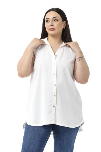 Büyük Beden Sırtta Plikaşe Detaylı Kolsuz Beyaz Gömlek