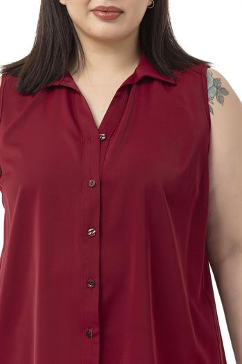 Büyük Beden Sırtta Plikaşe Detaylı Kolsuz Bordo Gömlek