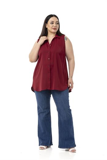 Büyük Beden Sırtta Plikaşe Detaylı Kolsuz Bordo Gömlek