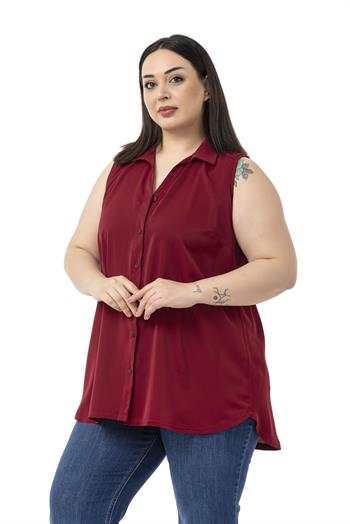 Büyük Beden Sırtta Plikaşe Detaylı Kolsuz Bordo Gömlek