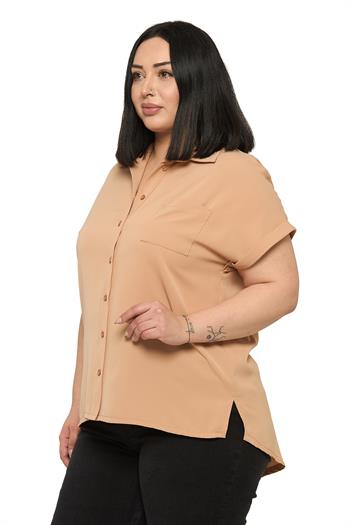 Büyük Beden Tek Cepli Kısa Duble Kollu Vizon Gömlek