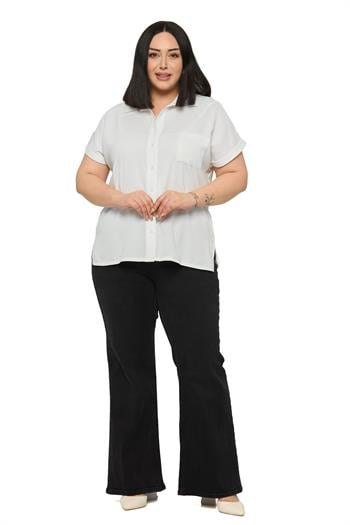 Büyük Beden Tek Cepli Kısa Duble Kollu Beyaz Gömlek