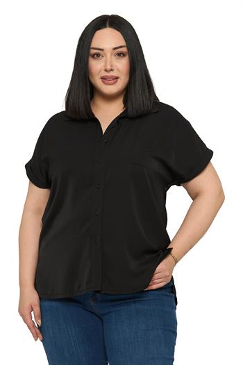 Büyük Beden Tek Cepli Kısa Duble Kollu Siyah Gömlek