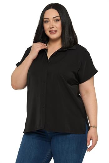 Büyük Beden Tek Cepli Kısa Duble Kollu Siyah Gömlek