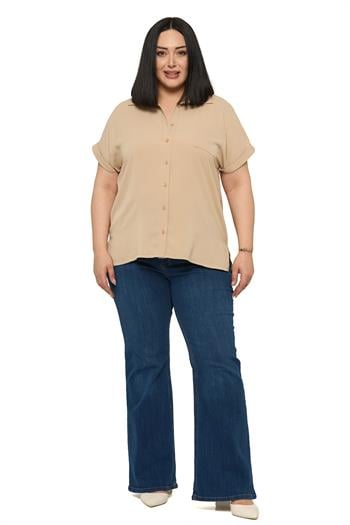 Büyük Beden Tek Cepli Kısa Duble Kollu Bej Rengi Gömlek
