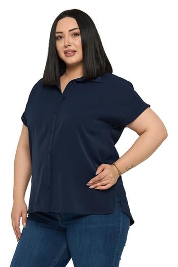 Büyük Beden Tek Cepli Kısa Duble Kollu Lacivert Gömlek