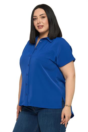 Büyük Beden Tek Cepli Kısa Duble Kollu Saks Mavi Gömlek
