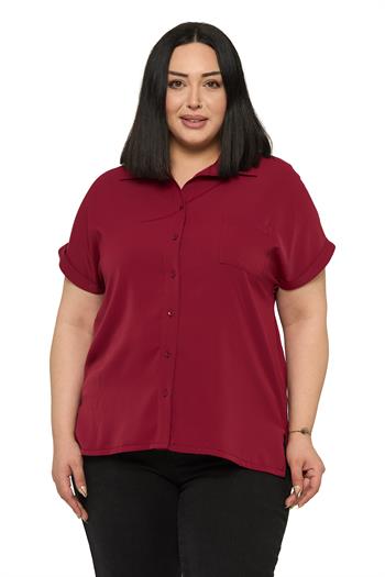 Büyük Beden Tek Cepli Kısa Duble Kollu Bordo Gömlek