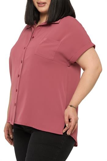 Büyük Beden Tek Cepli Kısa Duble Kollu Gül Kurusu Gömlek