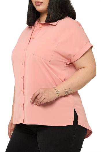 Büyük Beden Tek Cepli Kısa Duble Kollu Pudra Gömlek