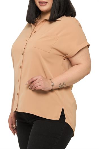 Büyük Beden Tek Cepli Kısa Duble Kollu Vizon Gömlek