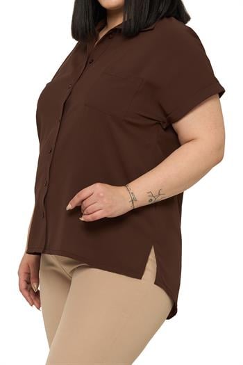 Büyük Beden Tek Cepli Kısa Duble Kollu Kahverengi Gömlek