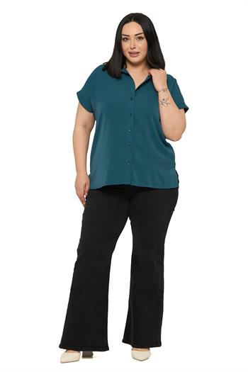 Büyük Beden Tek Cepli Kısa Duble Kollu Petrol Yeşili Gömlek