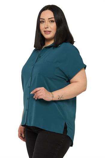 Büyük Beden Tek Cepli Kısa Duble Kollu Petrol Yeşili Gömlek