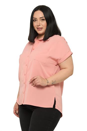 Büyük Beden Tek Cepli Kısa Duble Kollu Pudra Gömlek