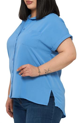 Büyük Beden Tek Cepli Kısa Duble Kollu İndigo Gömlek