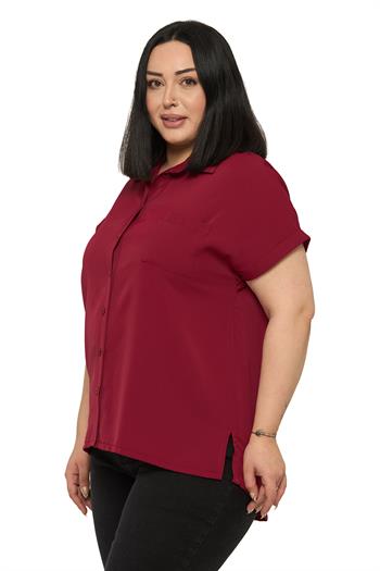 Büyük Beden Tek Cepli Kısa Duble Kollu Bordo Gömlek