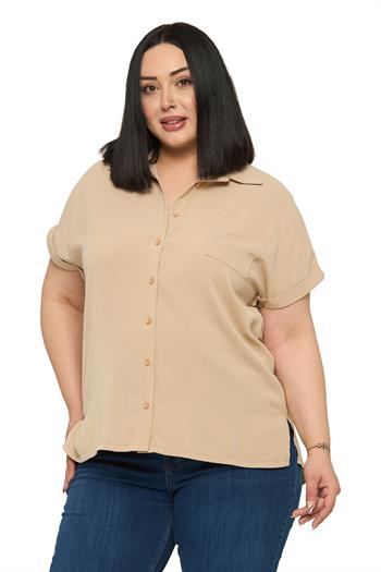 Büyük Beden Tek Cepli Kısa Duble Kollu Bej Rengi Gömlek