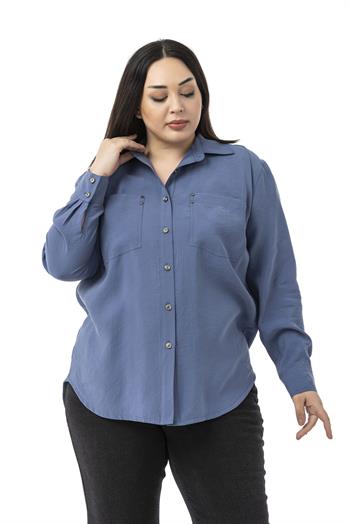 Büyük Beden Torba Cepli Rivetli İndigo Gömlek