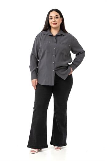 Büyük Beden Torba Cepli Rivetli Antrasit Gömlek