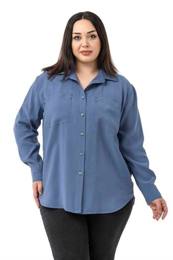 Büyük Beden Torba Cepli Rivetli İndigo Gömlek