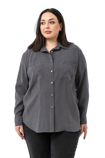 Büyük Beden Torba Cepli Rivetli Antrasit Gömlek