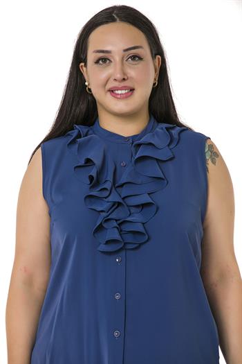 Büyük Beden Yakası İki Kat Volanlı Düğmeli Kolsuz Saks Mavi Gömlek