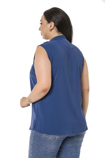 Büyük Beden Yakası İki Kat Volanlı Düğmeli Kolsuz Saks Mavi Gömlek