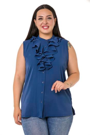 Büyük Beden Yakası İki Kat Volanlı Düğmeli Kolsuz Saks Mavi Gömlek