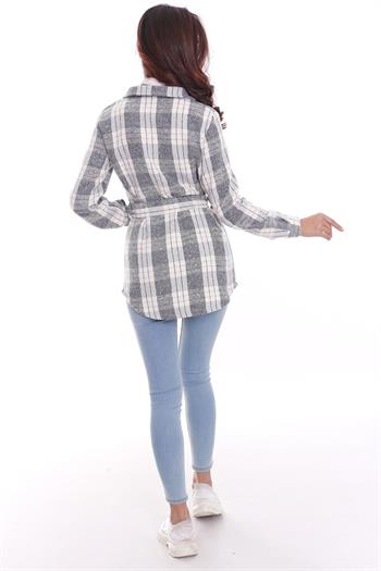 Ekose Oduncu Beli Kuşaklı Gri Ceket Gömlek