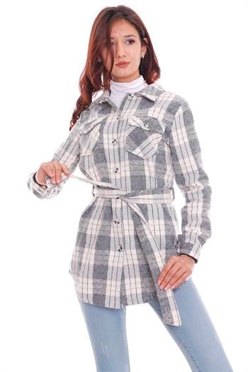 Ekose Oduncu Beli Kuşaklı Gri Ceket Gömlek