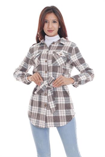 Ekose Oduncu Beli Kuşaklı Kahverengi Ceket Gömlek