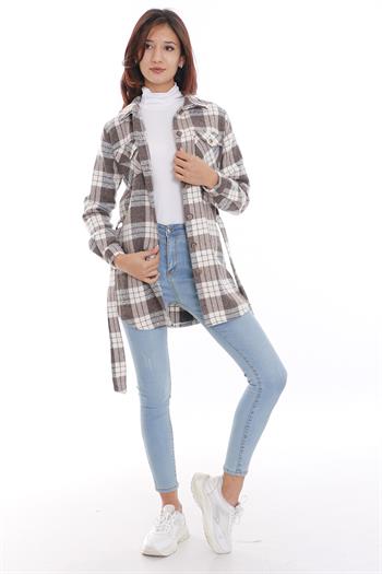 Ekose Oduncu Beli Kuşaklı Kahverengi Ceket Gömlek