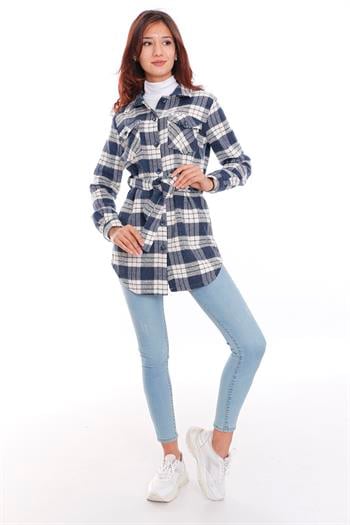 Ekose Oduncu Beli Kuşaklı Lacivert Ceket Gömlek