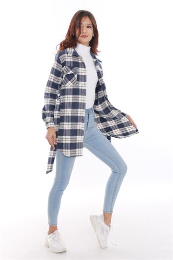 Ekose Oduncu Beli Kuşaklı Lacivert Ceket Gömlek