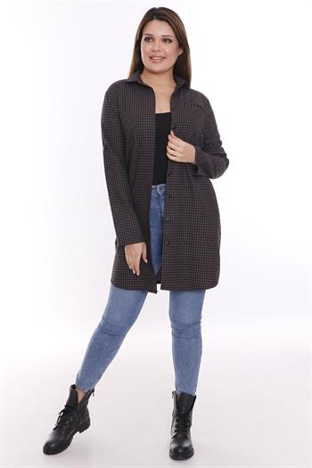 Kareli Gizli Cepli Kolu Apoletli Uzun Dokuma Kahverengi Siyah Tunik Gömlek