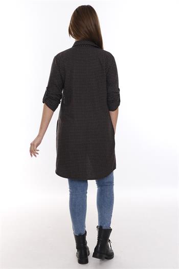 Kareli Gizli Cepli Kolu Apoletli Uzun Dokuma Kahverengi Siyah Tunik Gömlek