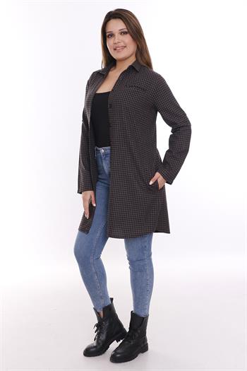 Kareli Gizli Cepli Kolu Apoletli Uzun Dokuma Kahverengi Siyah Tunik Gömlek