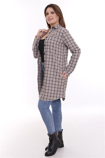 Kareli Gizli Cepli Kolu Apoletli Uzun Dokuma Vizon Tunik Gömlek