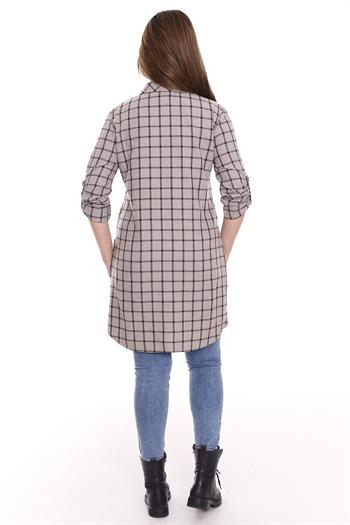 Kareli Gizli Cepli Kolu Apoletli Uzun Dokuma Vizon Tunik Gömlek