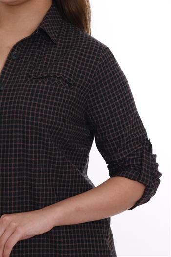 Kareli Gizli Cepli Kolu Apoletli Uzun Dokuma Kahverengi Siyah Tunik Gömlek