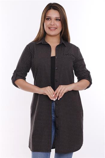 Kareli Gizli Cepli Kolu Apoletli Uzun Dokuma Kahverengi Siyah Tunik Gömlek