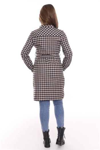 Kareli Göğüsten Cepli Asimetrik Kesim Detaylı Kuşaklı Uzun Dokuma Vizon Tunik Gömlek