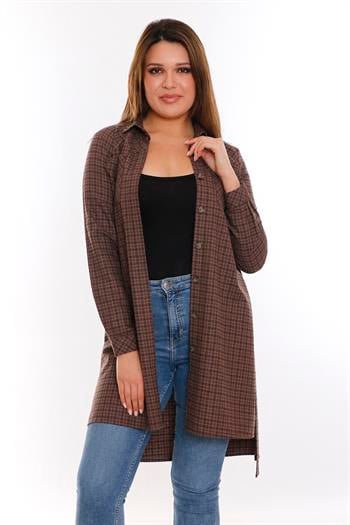 Kareli Göğüsten Cepli Asimetrik Kesim Detaylı Kuşaklı Uzun Dokuma Kahverengi Tunik Gömlek