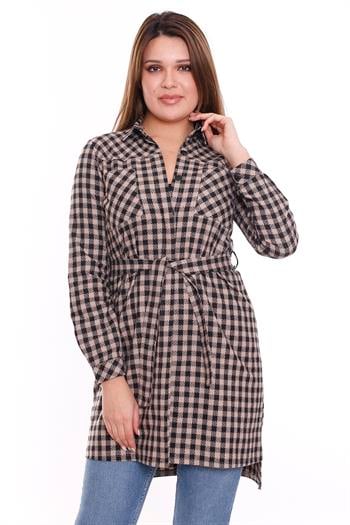 Kareli Göğüsten Cepli Asimetrik Kesim Detaylı Kuşaklı Uzun Dokuma Vizon Tunik Gömlek