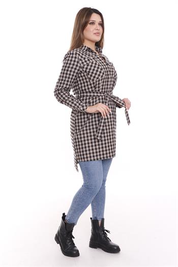 Kareli Göğüsten Cepli Asimetrik Kesim Detaylı Kuşaklı Uzun Dokuma Vizon Tunik Gömlek